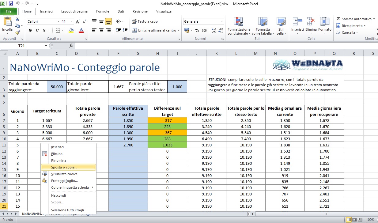 NaNoWriMo conteggio parole in excel in italiano - Come copiare il foglio 1