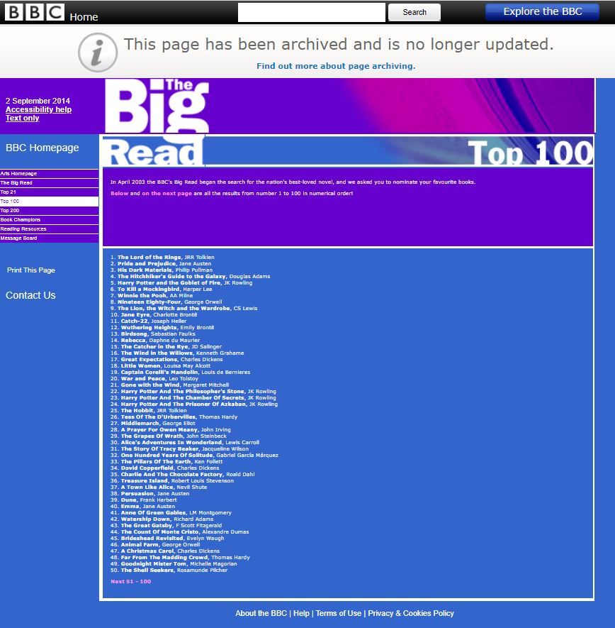 BBC - The Big Read - 100 Books to Read Before You Die