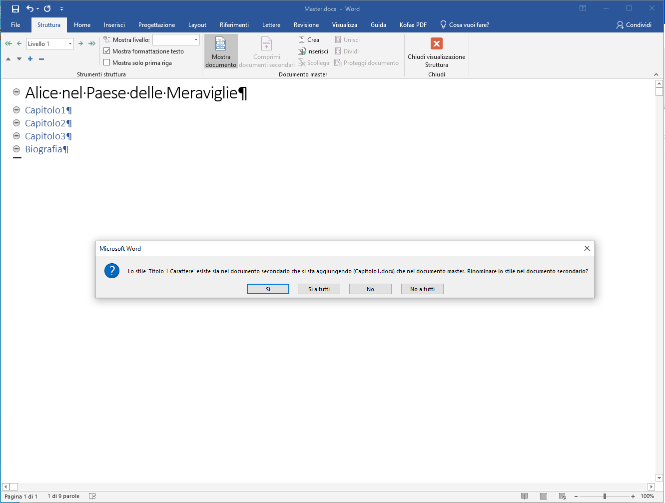 Documento Master in Microsoft Word - Messaggio su Stili