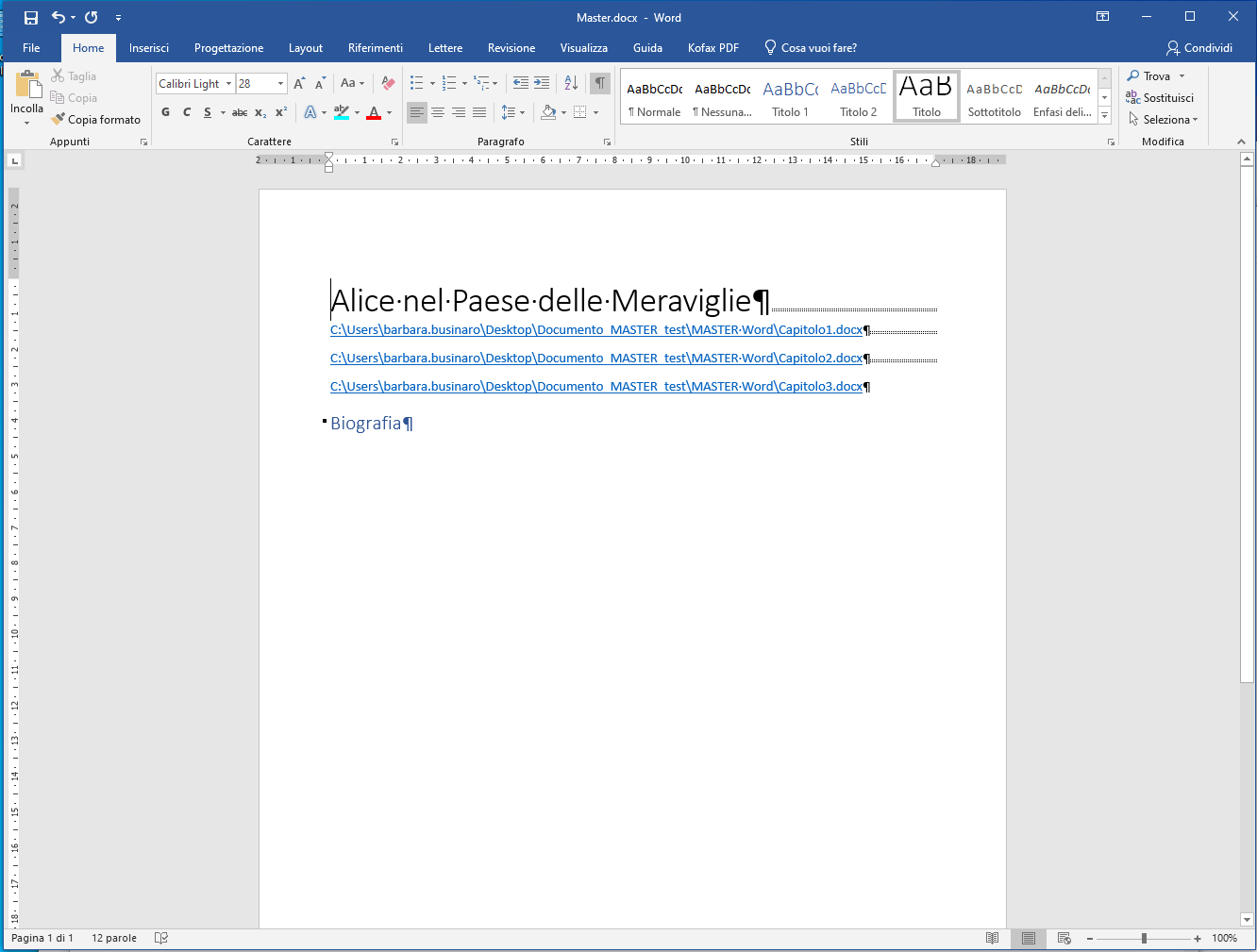 Documento Master in Microsoft Word - Visualizzazione compatta