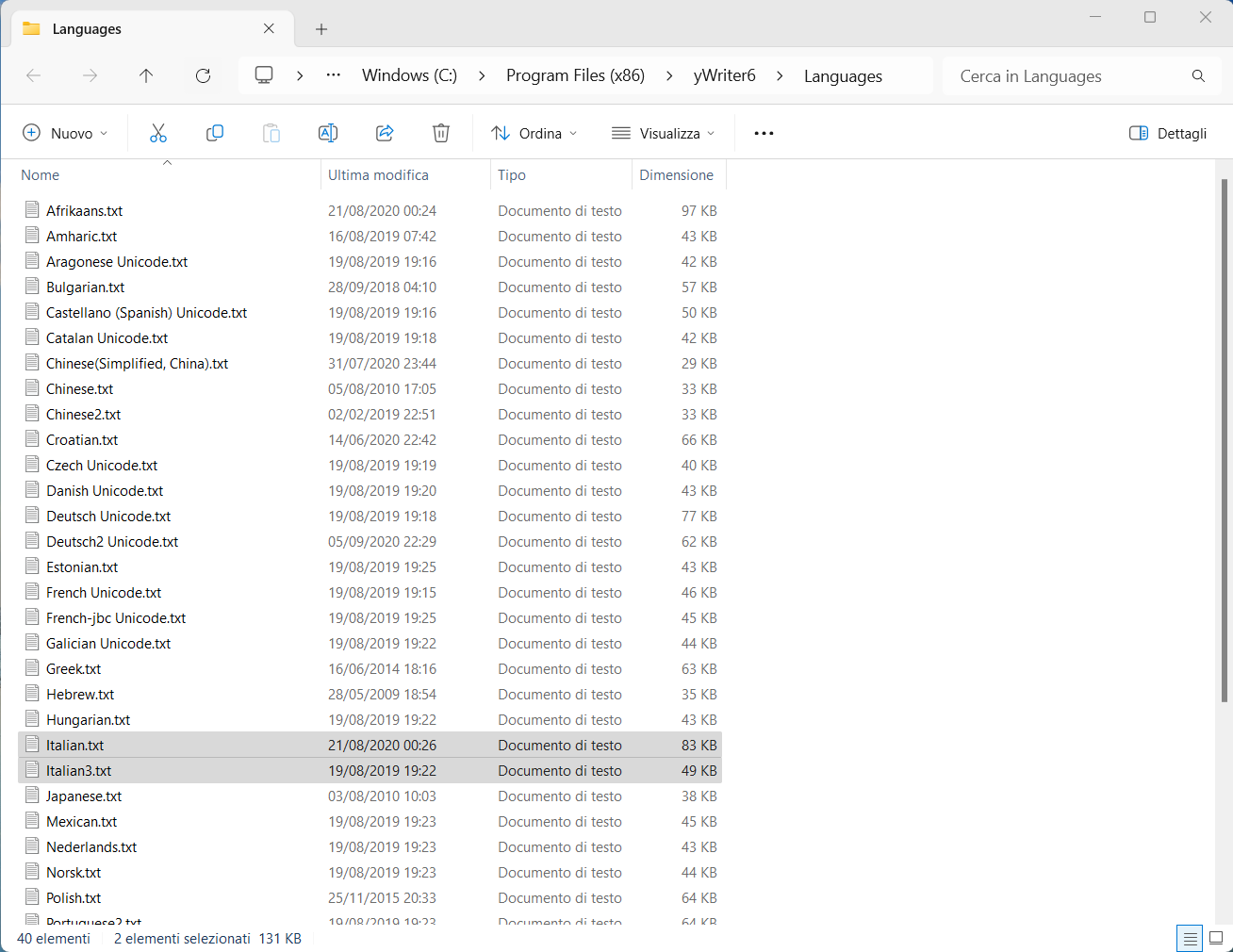 yWriter - Cartella Languages con traduzioni di default