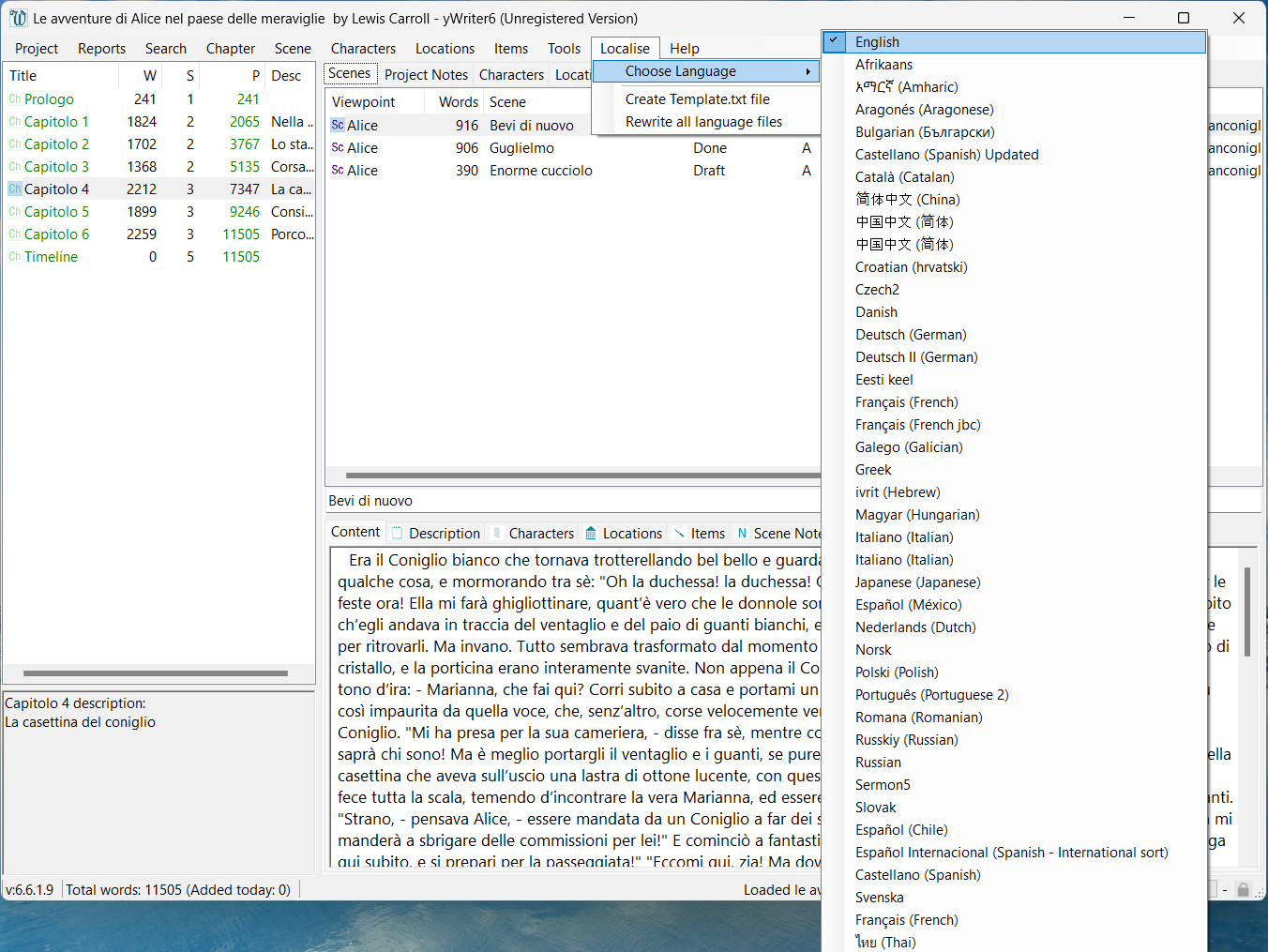 yWriter - Traduzioni disponibili da interfaccia